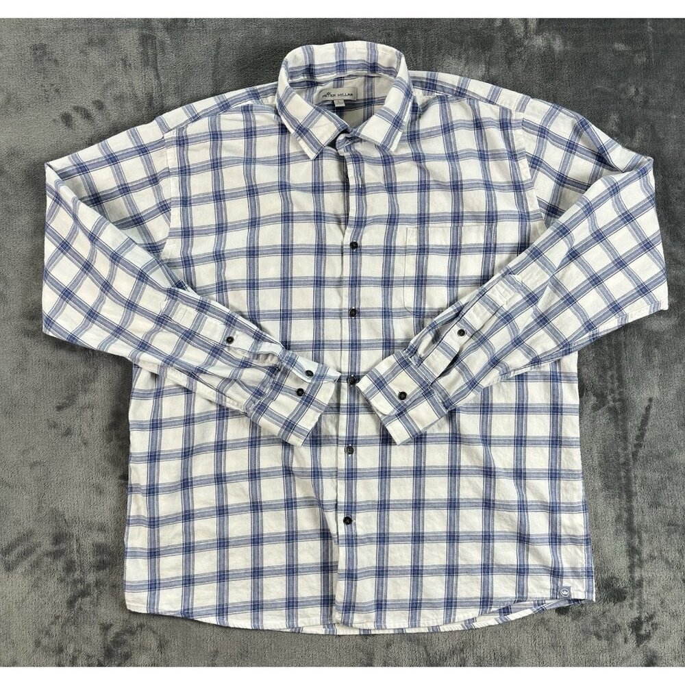 Peter Millar Plaid Button-Up Shirt Blue White Men's Long Sleeve Size L